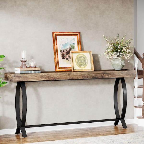 Turrella 116.14 in. Brown Rectangle Wood Console Table with Metal Legs