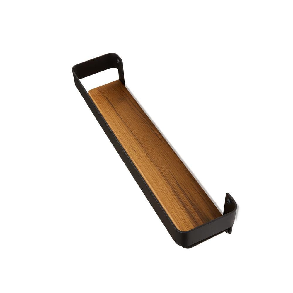 Matte Black and Teak Wood Wall Mounted Shower Shelf