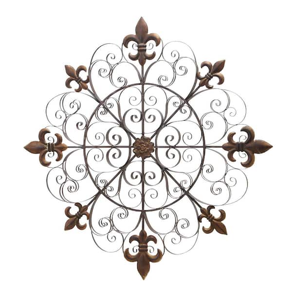 42 in. x  42 in. Metal Brown Scrollwork and Fleur De Lis Wall Decor