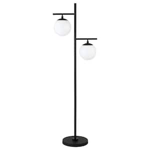 70.5 in. Black and White 2-Light Tree Floor Lamp with White Frosted Glass Globe Shade