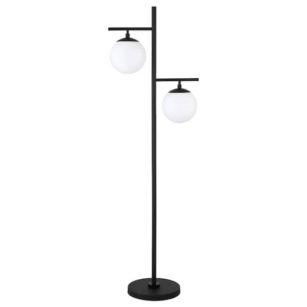HomeRoots 70.5 in. Black and White 2-Light Tree Floor Lamp with White Frosted Glass Globe Shade