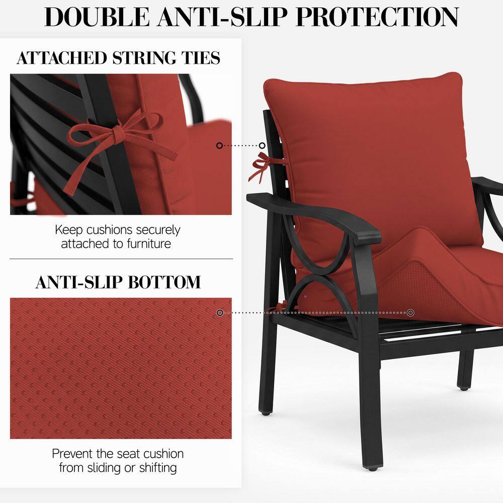 Cushions attached to an outdoor chair with anti-slip features.