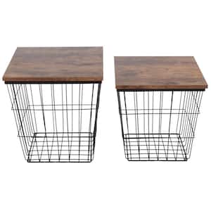 15.75 In. Brown Square Wood Top Wire Basket Nesting End Table with Storage Set of 2