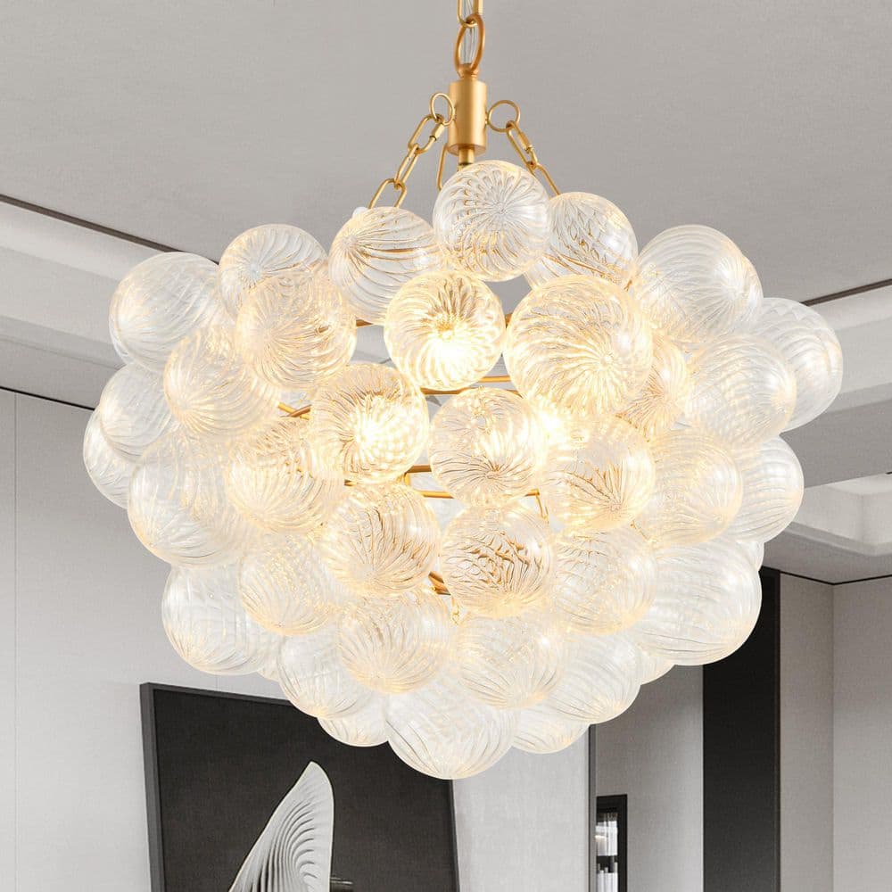 JUSHENG 3-Light Gold Cluster Chandelier with Threaded Clear Glass Globe ...