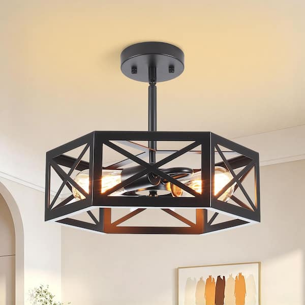 LWYTJO 14.56 in. 2-Light Matte Black Hexagon Semi Flush Mount Ceiling ...