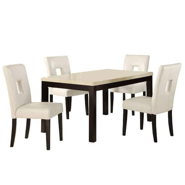 HomeSullivan 5-Piece 60 in. Faux Marble Top Dining Set with White Vinyl Chairs-DISCONTINUED