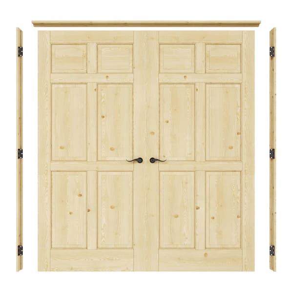 72 in. x 80 in. 6-Panel Universal Solid Core Unfinished Pine Wood Double Prehung Interior Door with Quick Assemble Jamb