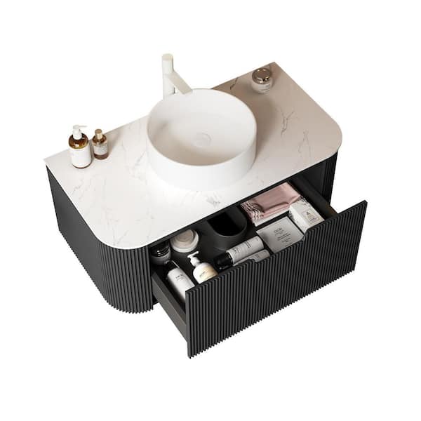 36 in. Single Sink Floating Curved Edge Black Bath Vanity with White Marble Top (Assembled), Round Sink