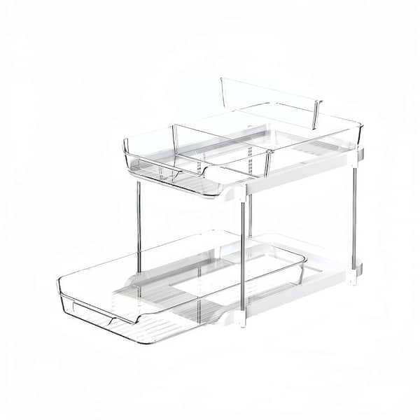 2 Piece White PET 2 Tier Multi Purpose Under Sink Organizers, Pull Out Medicine Cabinet Organizer with Movable Dividers