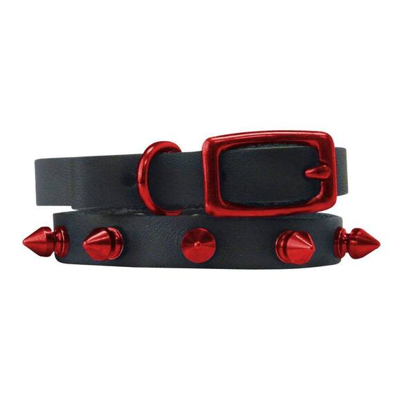 Platinum Pets 10 in. Black Genuine Leather Cat/Puppy Collar in Red Spikes