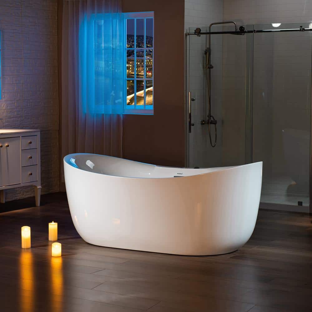 72" White Acrylic Freestanding Whirlpool Bathtub with Matte Black Hardware