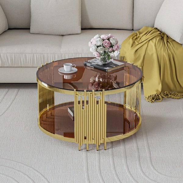 32 in. Brown Round Glass Coffee Table with Tempered Glass&Gold Legs, 2-Tier Stainless Steel Center Table for Living Room