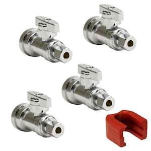 1/2 in. Push-to-Connect x 1/4 in. O.D. Compression Chrome Plated Brass Quarter-Turn Straight Stop Valve (4-Pack)