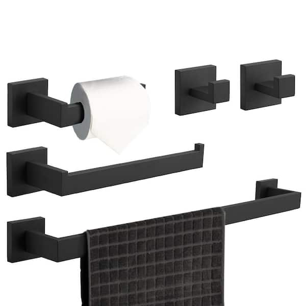 HOMEMYSTIQUE Bathroom Hardware 5-Piece Bath Hardware Set with Towel Bar, Robe Hook, Toilet Paper Holde Matte Black