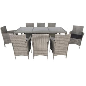 Gray 9-Piece Wicker Patio Outdoor Dining Set with Glass Table Top and Black Cushions