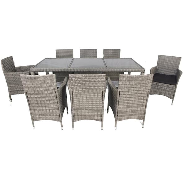 Sudzendf Gray 9-Piece Wicker Patio Outdoor Dining Set with Glass Table Top and Black Cushions
