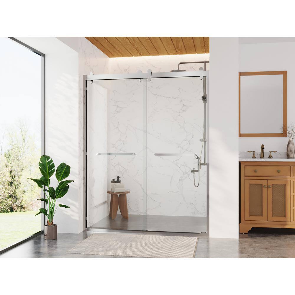Silver Double Sliding Semi-Frameless Shower Door with Clear Glass