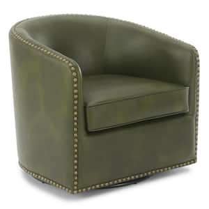 Tyler Vintage Green Faux Leather Swivel Barrel Chair with Nail Heads