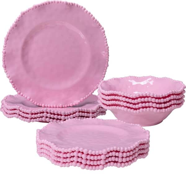 12-Piece Elegant Scalloped Pink Melamine Dinnerware Set Pearl Design Service for 4 Set for Home Kitchen