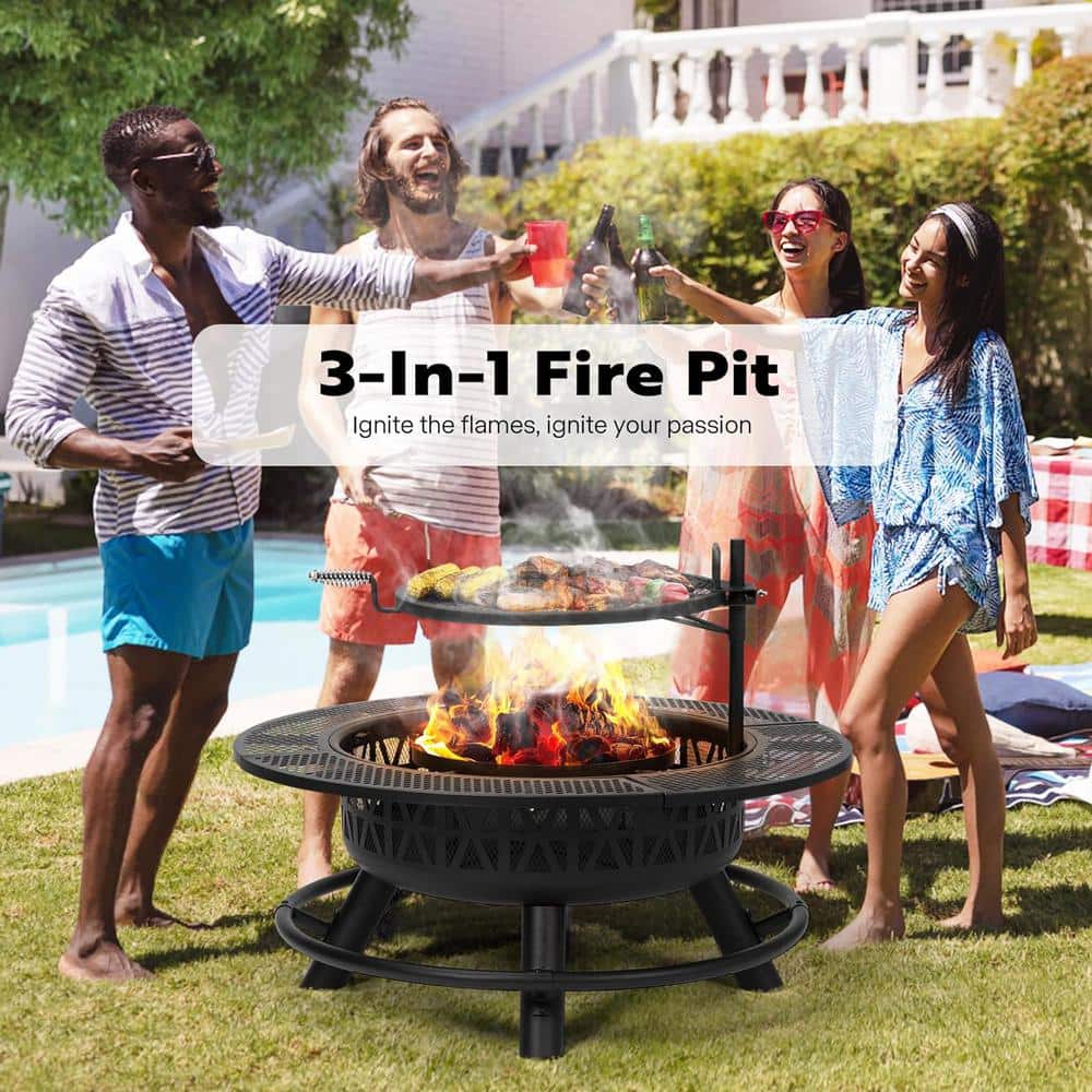 35-Inch Black Alloy Steel Fire Pit with Grill and Charcoal Pan
