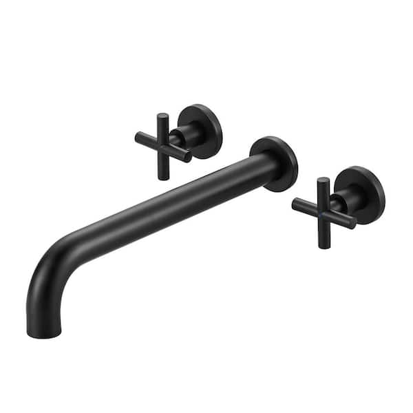 WOWOW 2-Handle Wall-Mount Brass Roman Tub Faucet with Long Spout Reach in Matte Black (Valve Included)