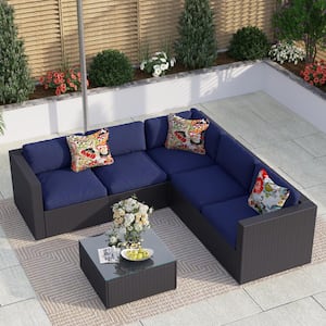 Black Rattan Wicker 5 Seat 6-Piece Steel Outdoor Patio Sectional Set with Blue Cushions and Coffee Table