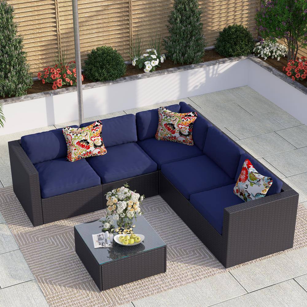 PHI VILLA Black Rattan Wicker 5 Seat 6-Piece Steel Outdoor Patio Sectional Set with Blue Cushions and Coffee Table PHI VILLA Black Rattan Wicker 5 Seat 6-Piece Steel Outdoor Patio Sectional Set with Blue Cushions and Coffee Table - 1