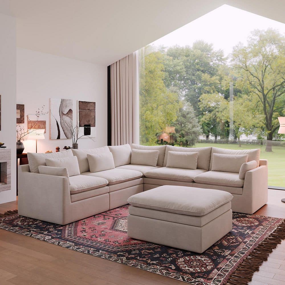 117 in. Sloped Arm Polyester L-Shaped Sectional Sofa with Ottoman and Removable Covers in Khaki