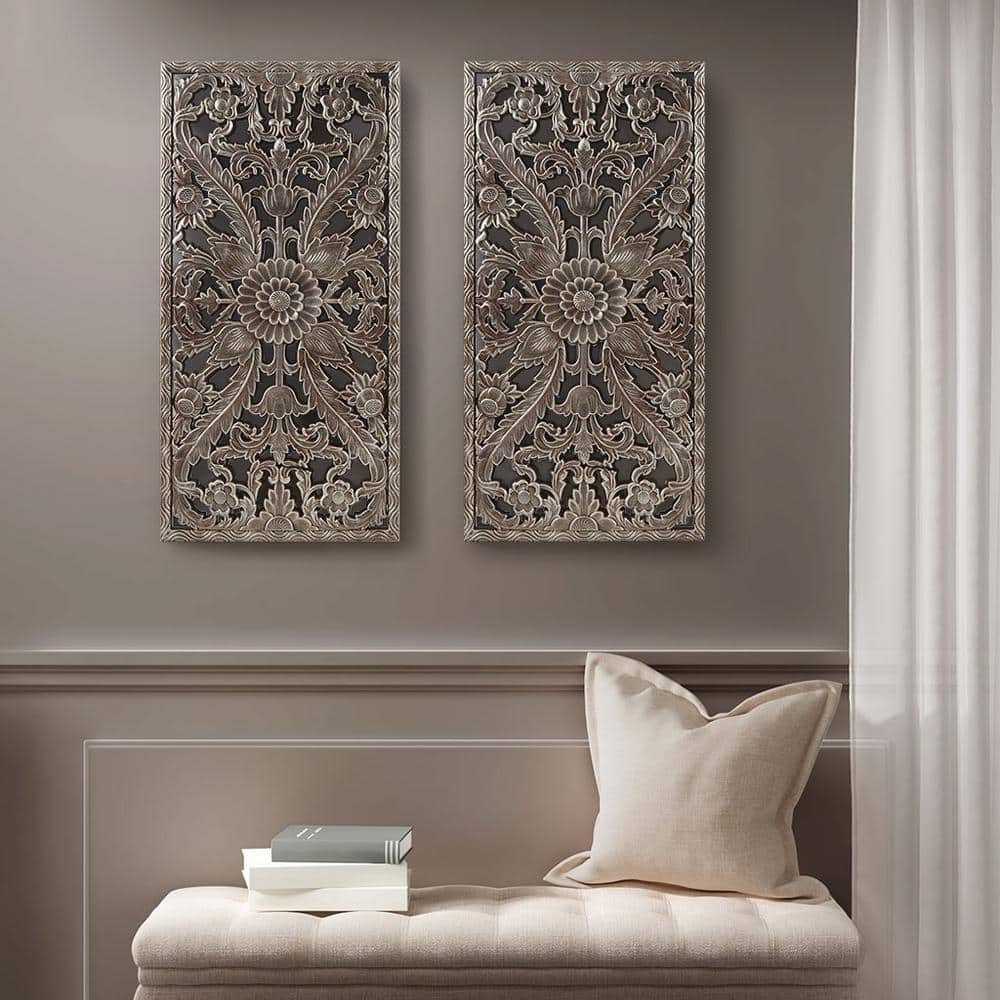 Brown Distressed Carved Lotus Flower Pattern Dimensional Wood Wall Art Deco