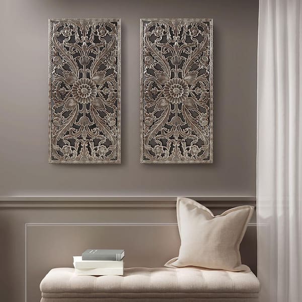Unbranded Brown Distressed Carved Lotus Flower Pattern Dimensional Wood Wall Art Decor for Living Room (Set of 2)