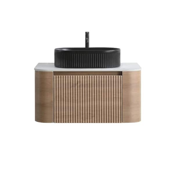 30" Wall-Mounted Bathroom Vanity with Black Ceramic Sink,Honey Oak Cabinet,Towel Rack,Pre-Assembled (No Faucet/Drain)