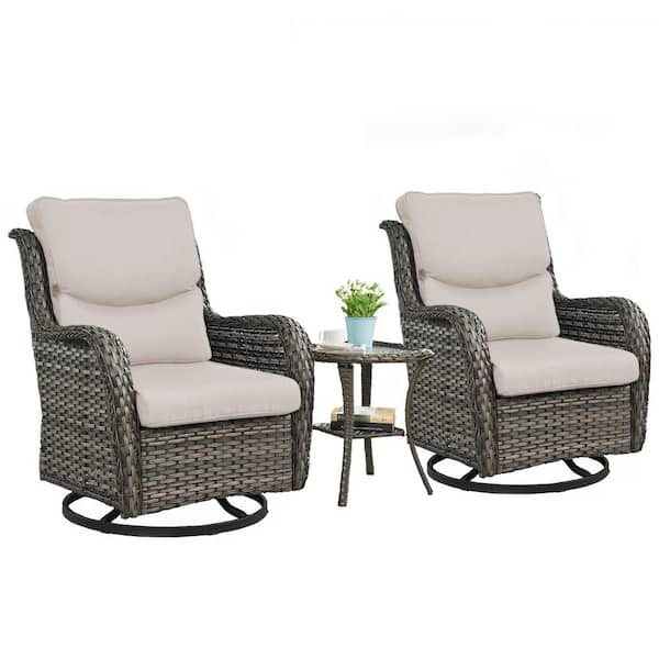 Crescent Moon Gray 3-Piece Wicker Patio Conversation Deep Seating Set with Beige Cushions