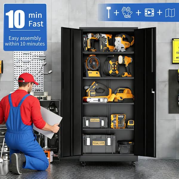 71 in. Black Heavy Duty Rolling Metal Cabinet, 4-Adjustable Shelves, Lockable Tool Storage