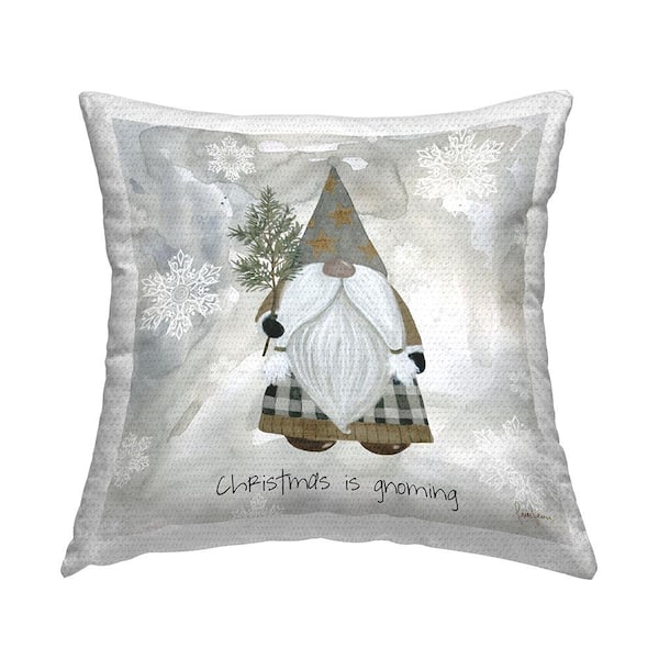 Stupell Industries Seasonal Gnome Holding Holiday Pine Snowflakes Grey Square Outdoor Throw Pillow