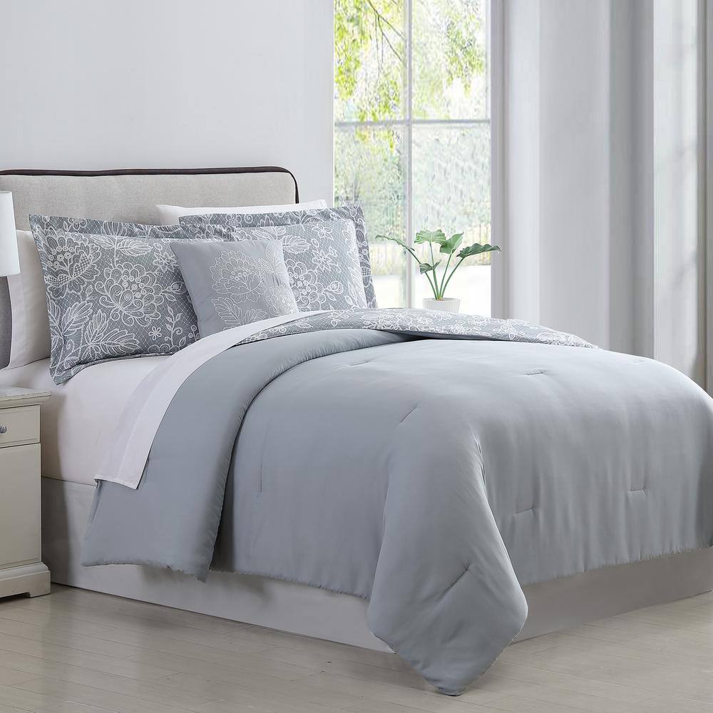 Gray Floral Twin Microfiber Reversible Bed in a Bag Set