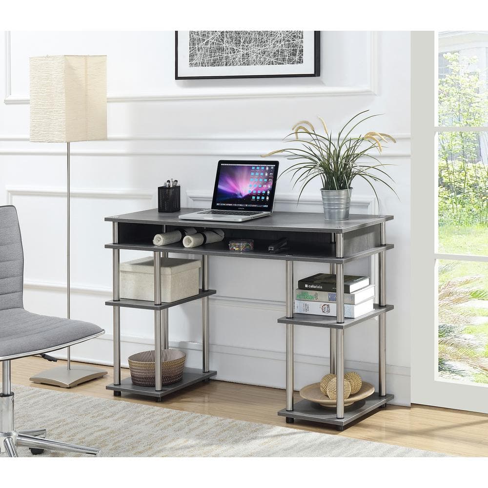 Charcoal Gray Wood Student Desk with Shelves
