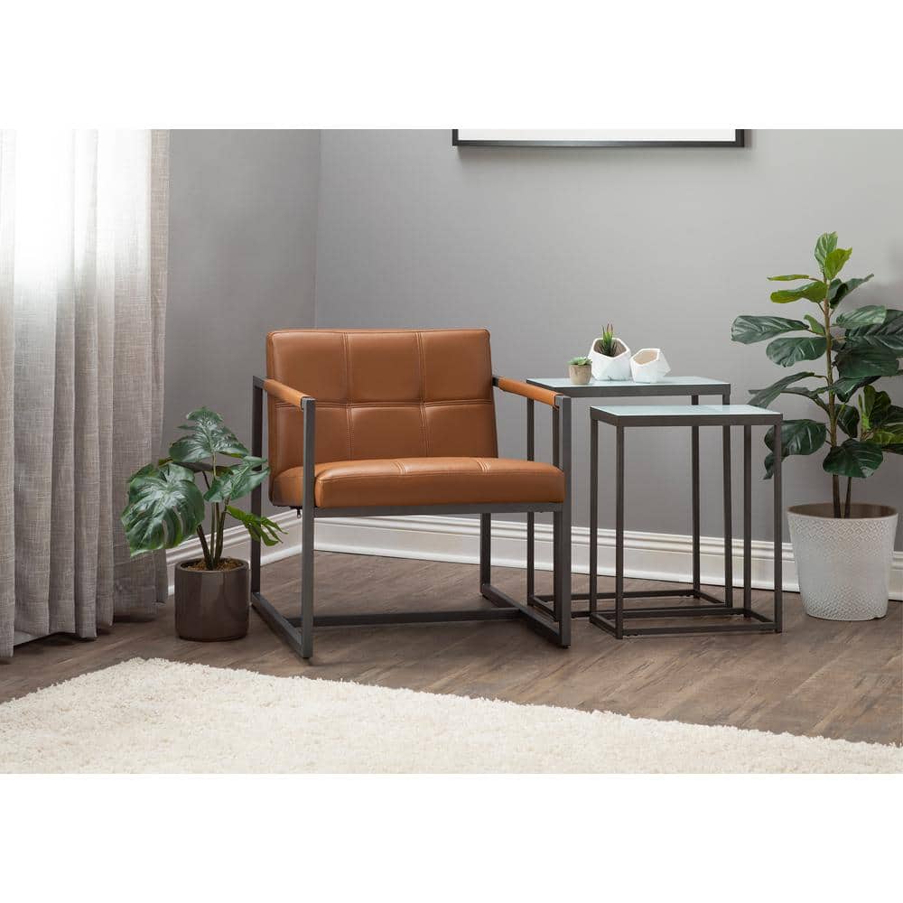Caramel Leather Mid-Century Modern Metal Accent Chair