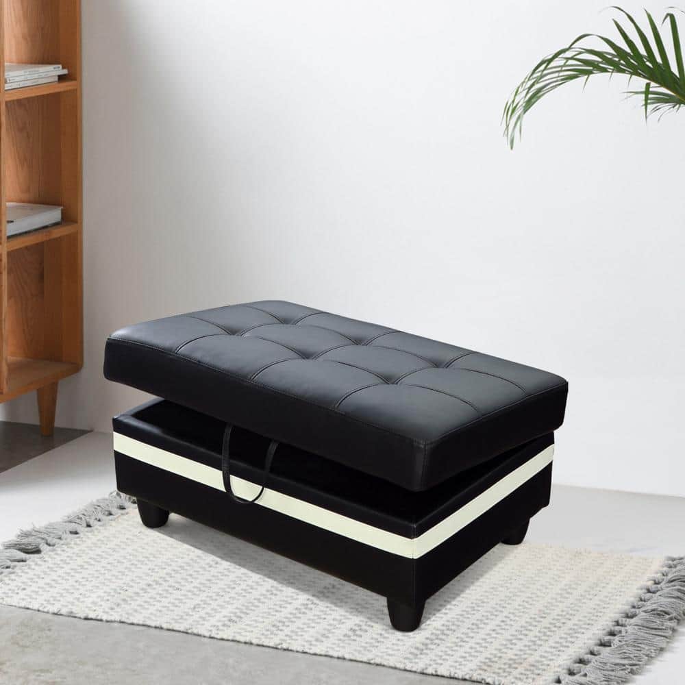 35 in. W Black And White Faux Leather Rectangle Ottoman with Storage
