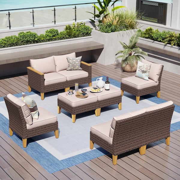 PHI VILLA Brown Wicker Rattan 8 Seat 8-Piece Steel Outdoor Patio Conversation Set with Beige Cushions and 2 Ottomans