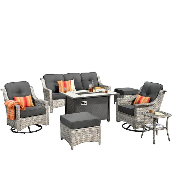 Verona 7-Piece Wicker Outdoor Patio Fire Pit Furniture Conversation Sofa Set with Swivel Chairs and Black Cushions