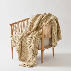 Chunky Double Knit Tan 50 in. x 60 in. Handmade Throw Blanket