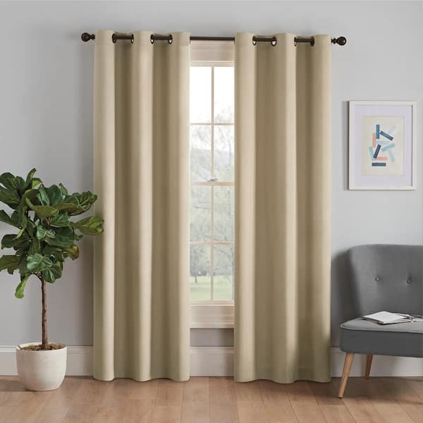Eclipse Microfiber Thermaback Beige Solid Polyester 42 in. W x 84 in. L Blackout Single Grommet Top Curtain Panel