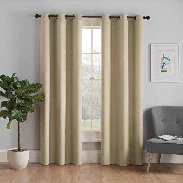 Eclipse Microfiber Thermaback Beige Solid Polyester 42 in. W x 95 in. L Blackout Single Grommet Top Curtain Panel