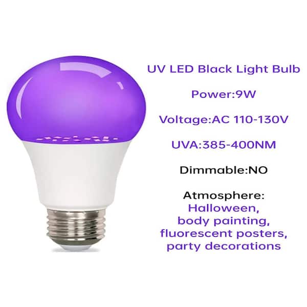 PBTEK 9 Watt A19 E26 Base LED UV Black Light Bulb 120 Volt 385 to 400 ...