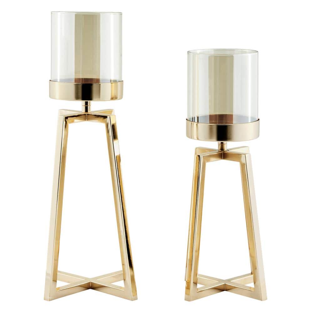 DANYA B Maeve Tinted Glass Warm Gold Pedestal Hurricane Candle Holders Set of 2 KF22144 The