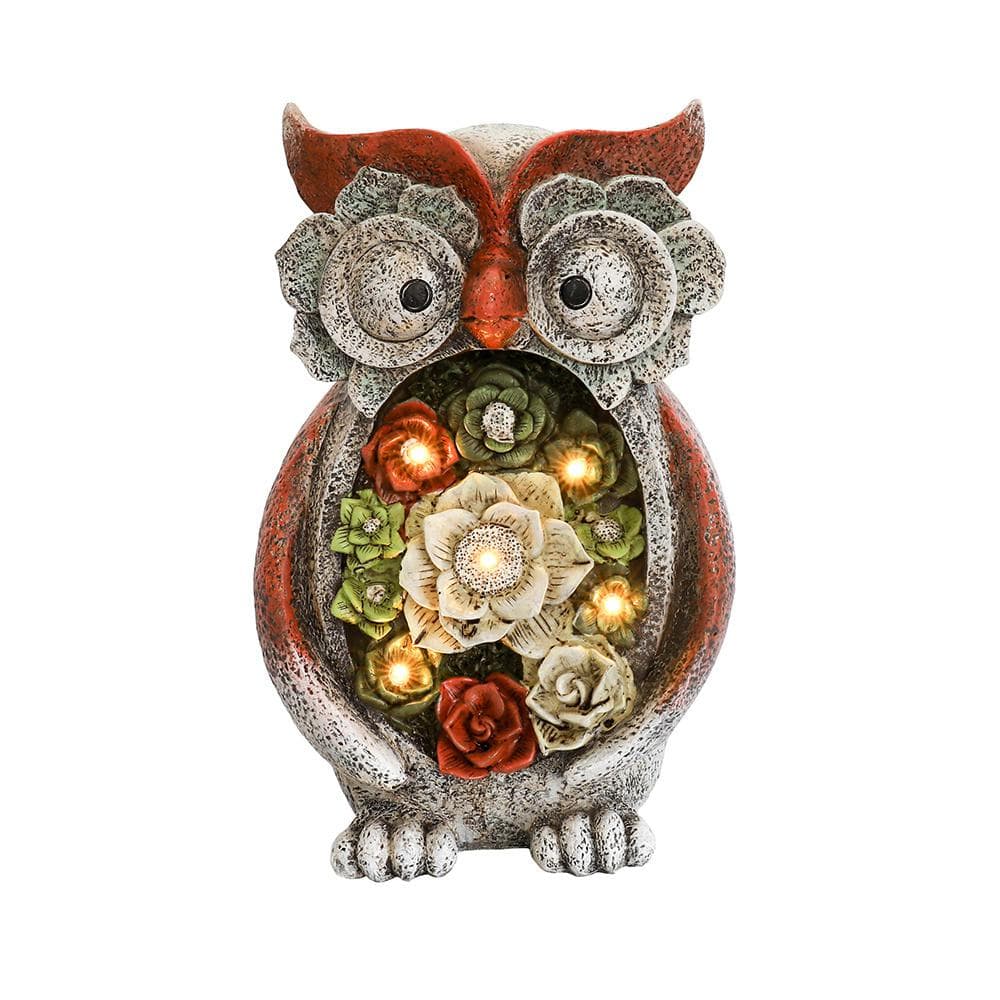 Garden Statue Owl Figurines, Solar Powered Resin Animal Sculpture with 5 Le