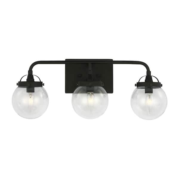 Generation Lighting Bryce 21.75 in. 3-Light Black Modern Industrial Bathroom Vanity Light with Clear Round Globe Glass Shades