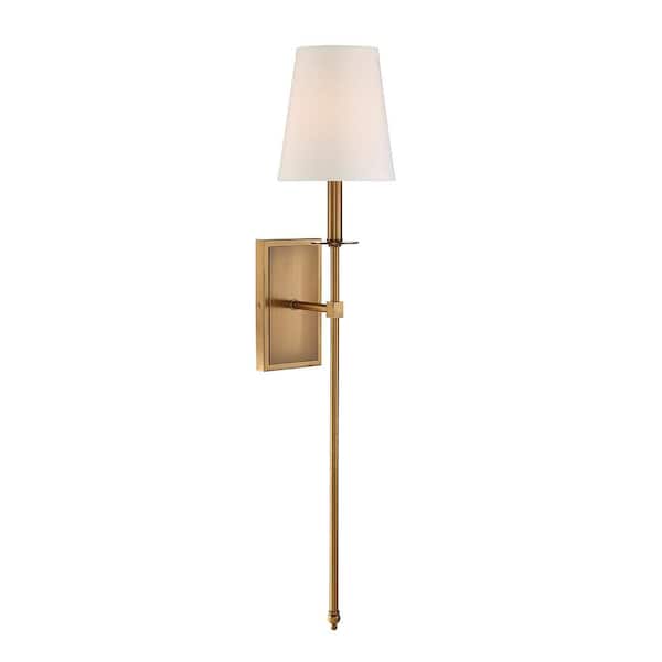 Savoy House Monroe 6.7 in. W x 33.5 in. H 1-Light Warm Brass Wall Sconce with White Fabric Shade
