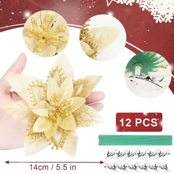 Oumilen 5.5 in. Artificial Poinsettia Christmas Tree Centerpiece Ornaments Decorations, Gold (12-Pack)