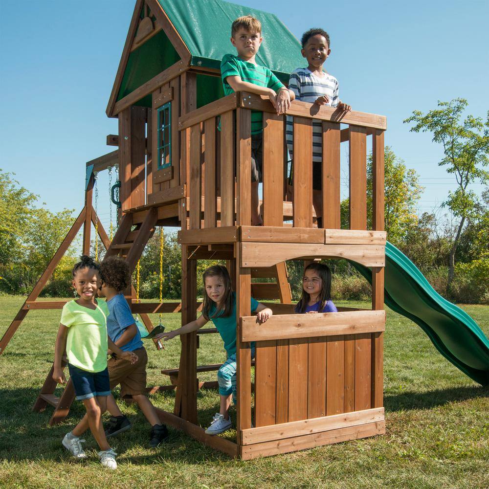 Elkhorn Wooden Backyard Swing Set with Slide and Climbing Wall
